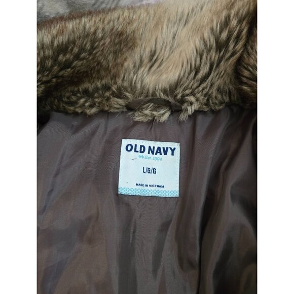 Old Navy Womens Faux Fur Collar Puffer Jacket Brown boho cottagecore warm soft - Picture 6 of 7